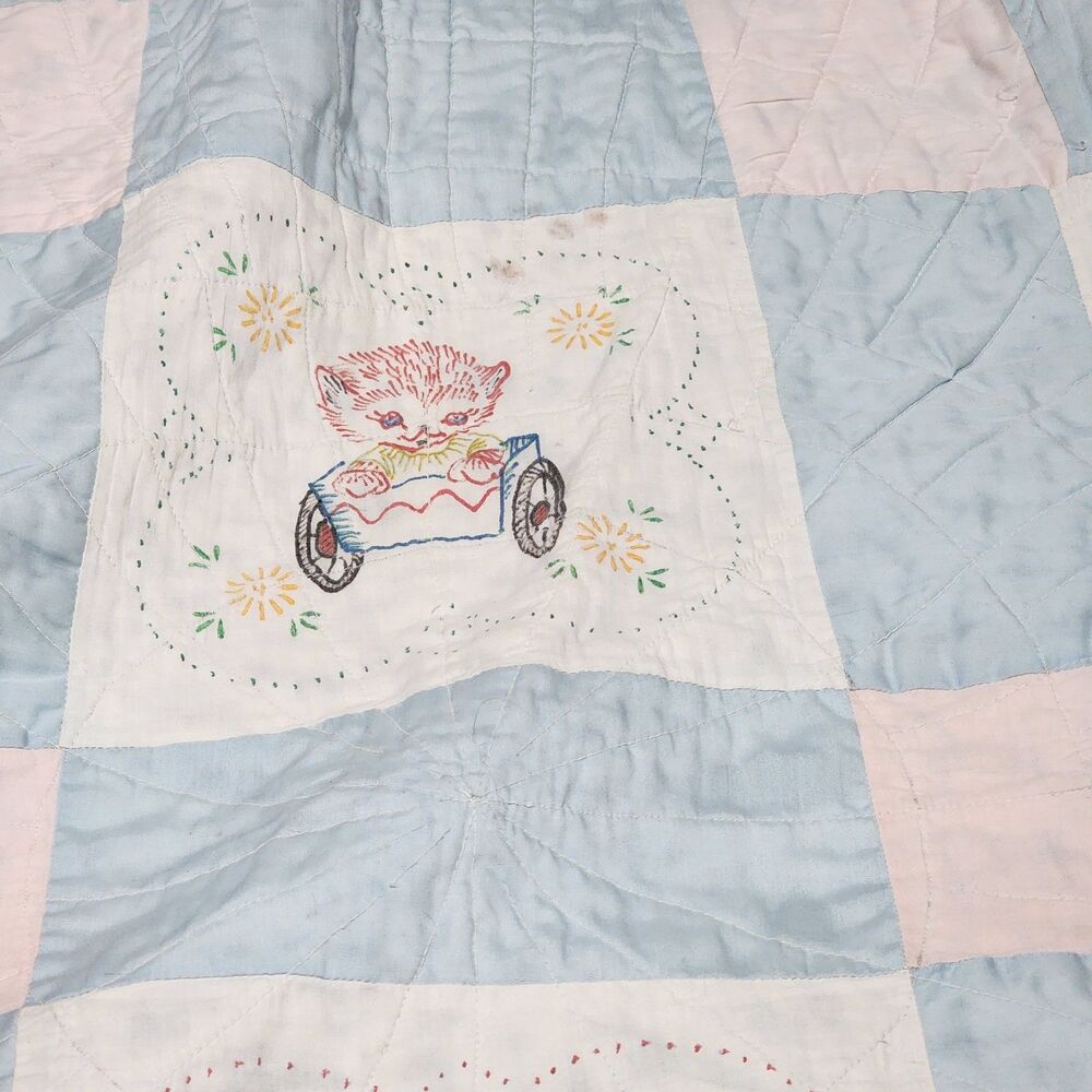 Vintage Hand Embroidered Baby Quilt Pink Blue Patchwork Cats Nursery Blanket